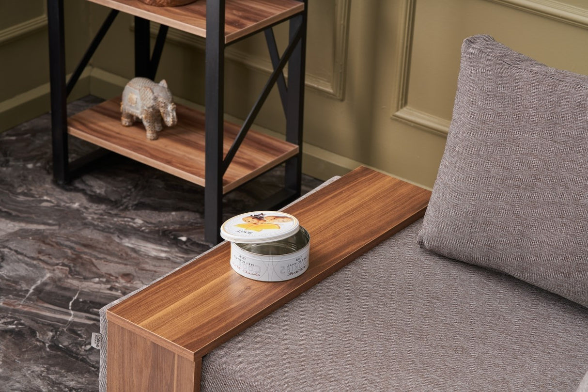 Moderne Fauteuil Bruin Stof Fly - Rechts - Met Houten Tafeltje