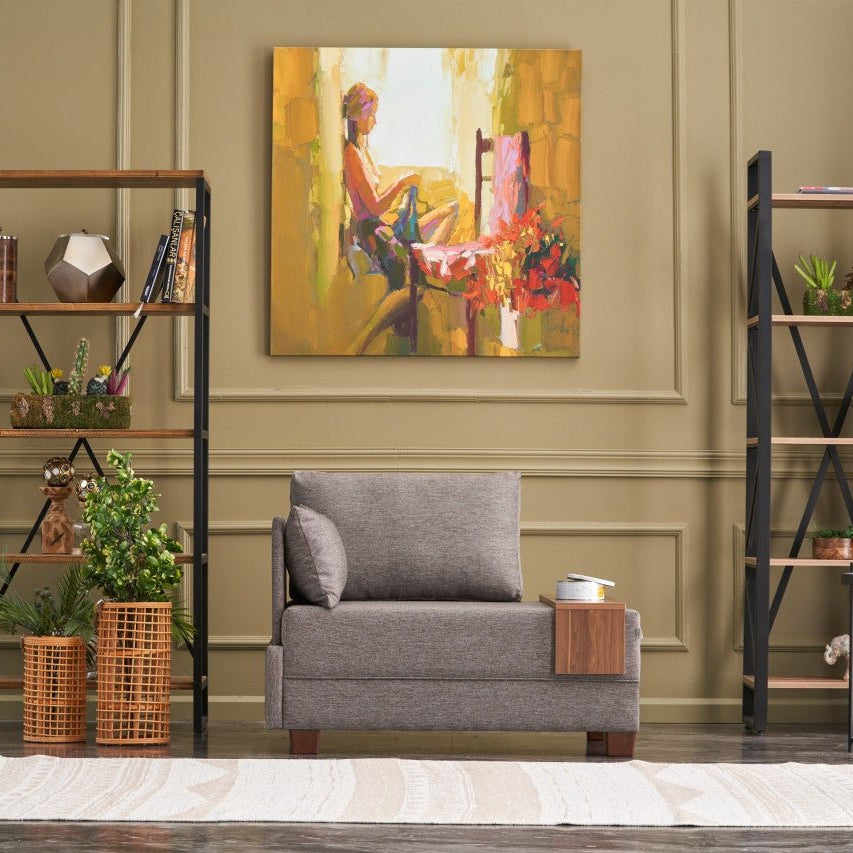 Moderne Fauteuil Bruin Stof Fly - Links - Met Houten Tafeltje