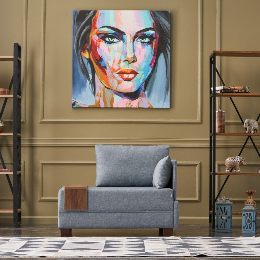 Moderne Fauteuil Blauw Stof Fly - Rechts - Met Houten Tafeltje