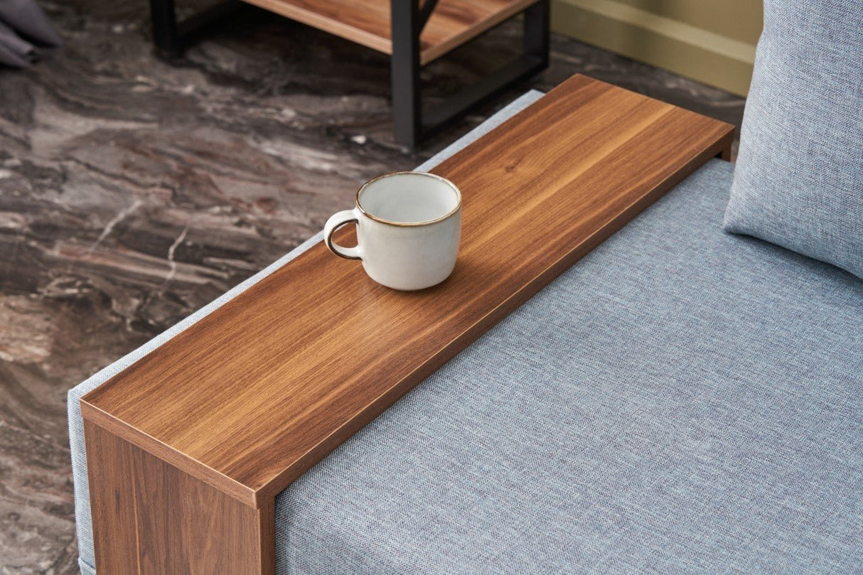 Moderne Fauteuil Blauw Stof Fly - Rechts - Met Houten Tafeltje