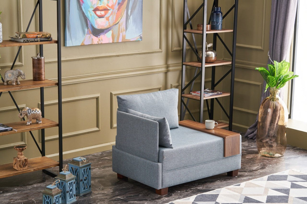 Moderne Fauteuil Blauw Stof Fly - Links - Met Houten Tafeltje