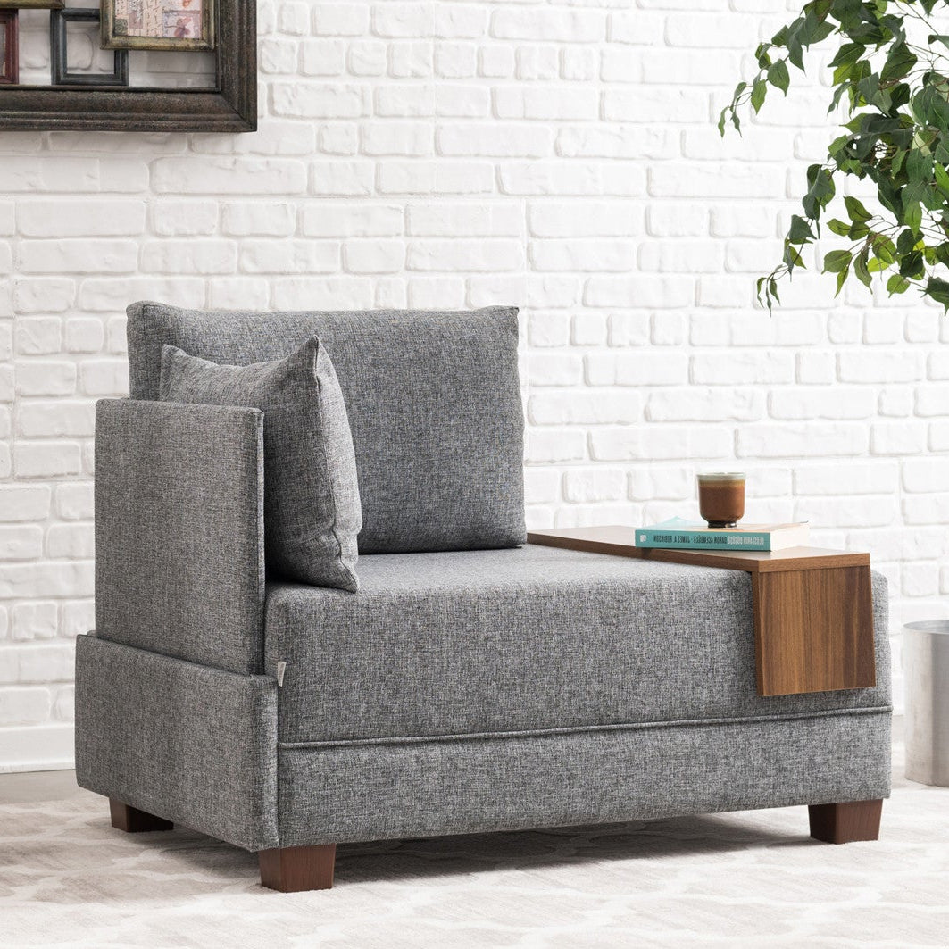 Moderne Fauteuil Grijs Stof Fly - Links - Met Houten Tafeltje