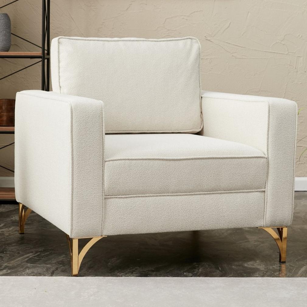 Moderne fauteuil crème bouclé stof met gouden stoelpoten Berlin