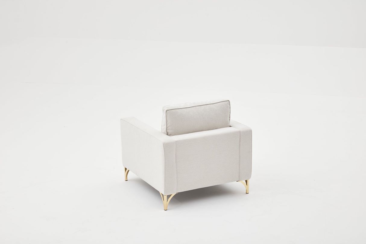 Moderne fauteuil crème bouclé stof met gouden stoelpoten Berlin