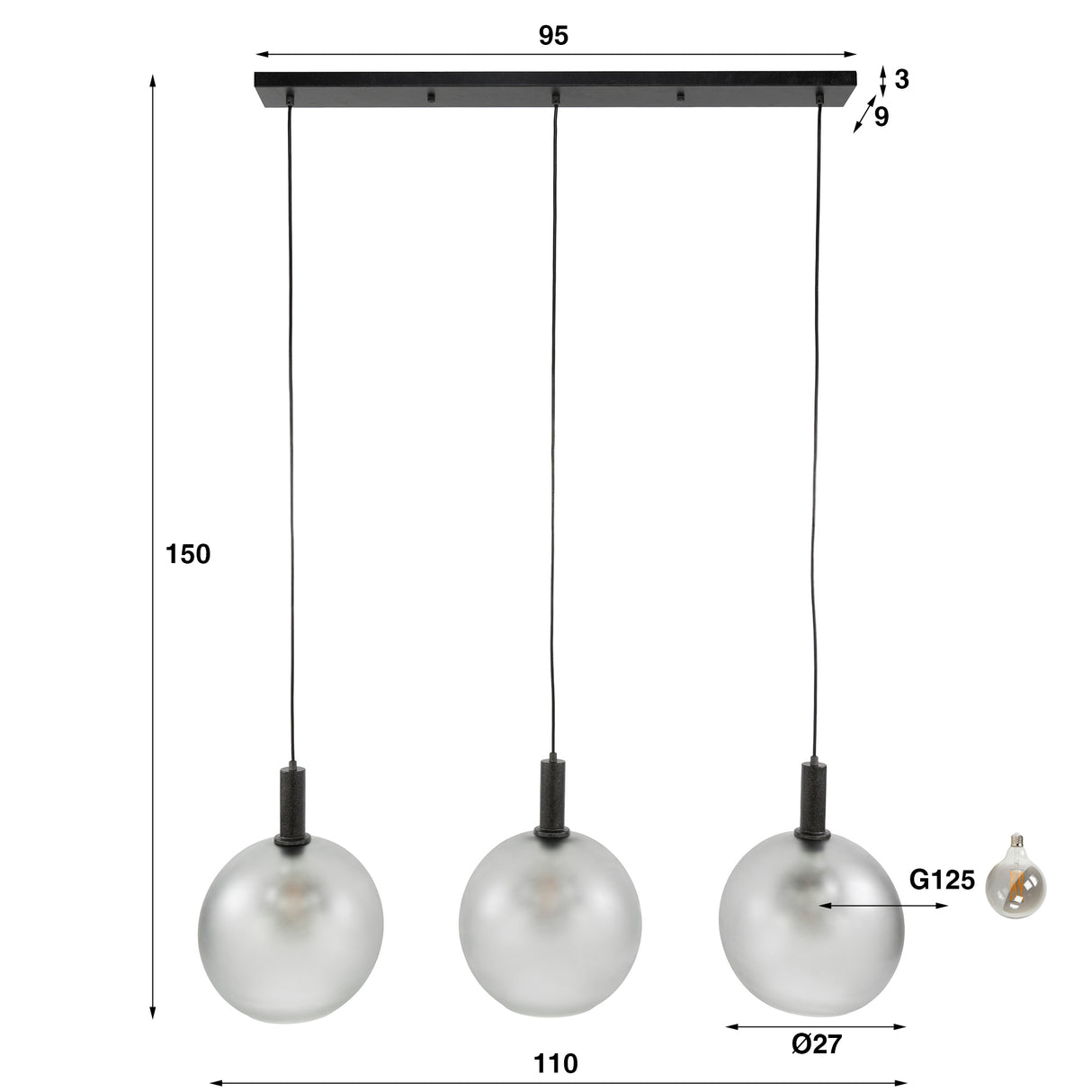 Hanglamp 3-lichts gezandstraald glas Voss