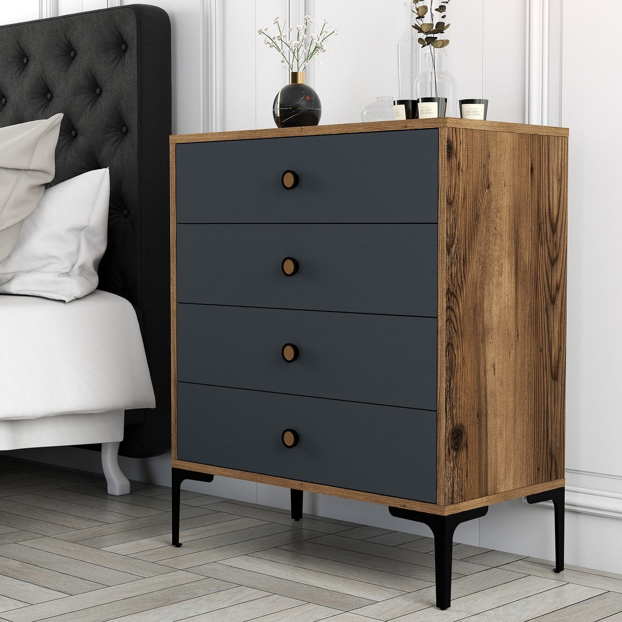 Ladekast Lizbon Walnoot Antraciet Melamine 76x90,7x40 cm - 4 lades