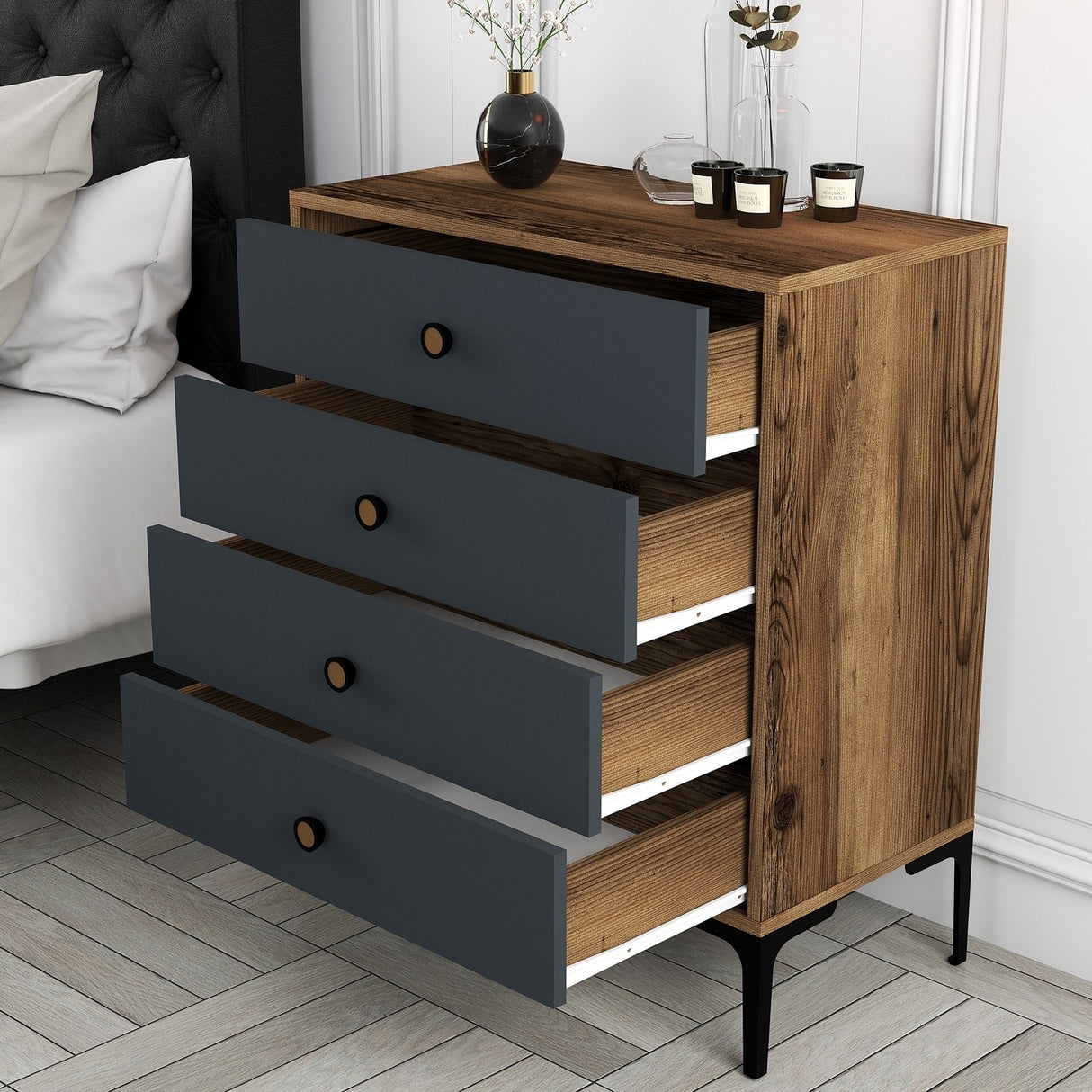 Ladekast Lizbon Walnoot Antraciet Melamine 76x90,7x40 cm - 4 lades