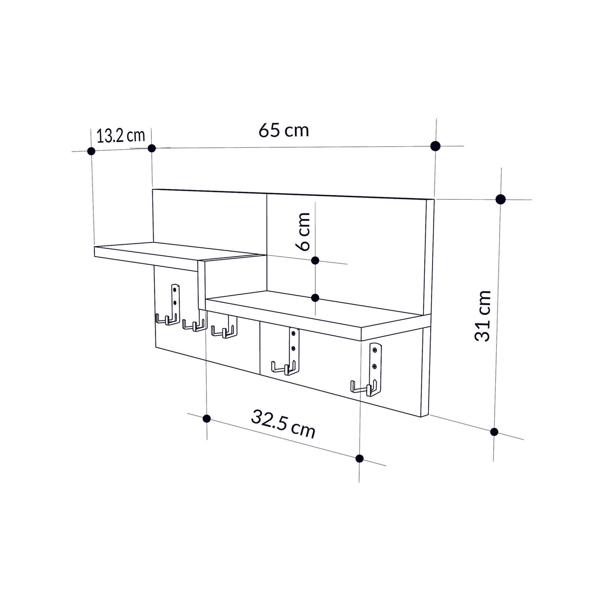 Kapstok Eikenhout Melamine - 5-Haaks Wit - 65 cm - Lagona