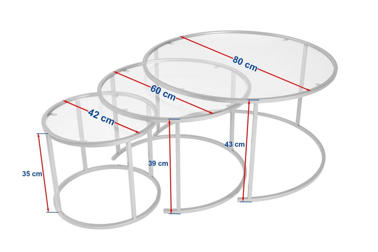 Moderne Ronde Salontafel Set van 3 Uru Goud - Transparant Glas - 80/60/42 cm