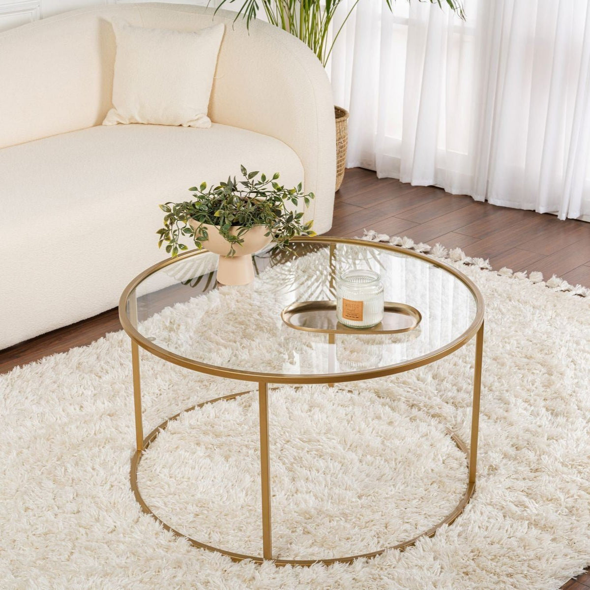 Moderne Ronde Salontafel Uru Goud - Glas - 80 cm – Dimehouse