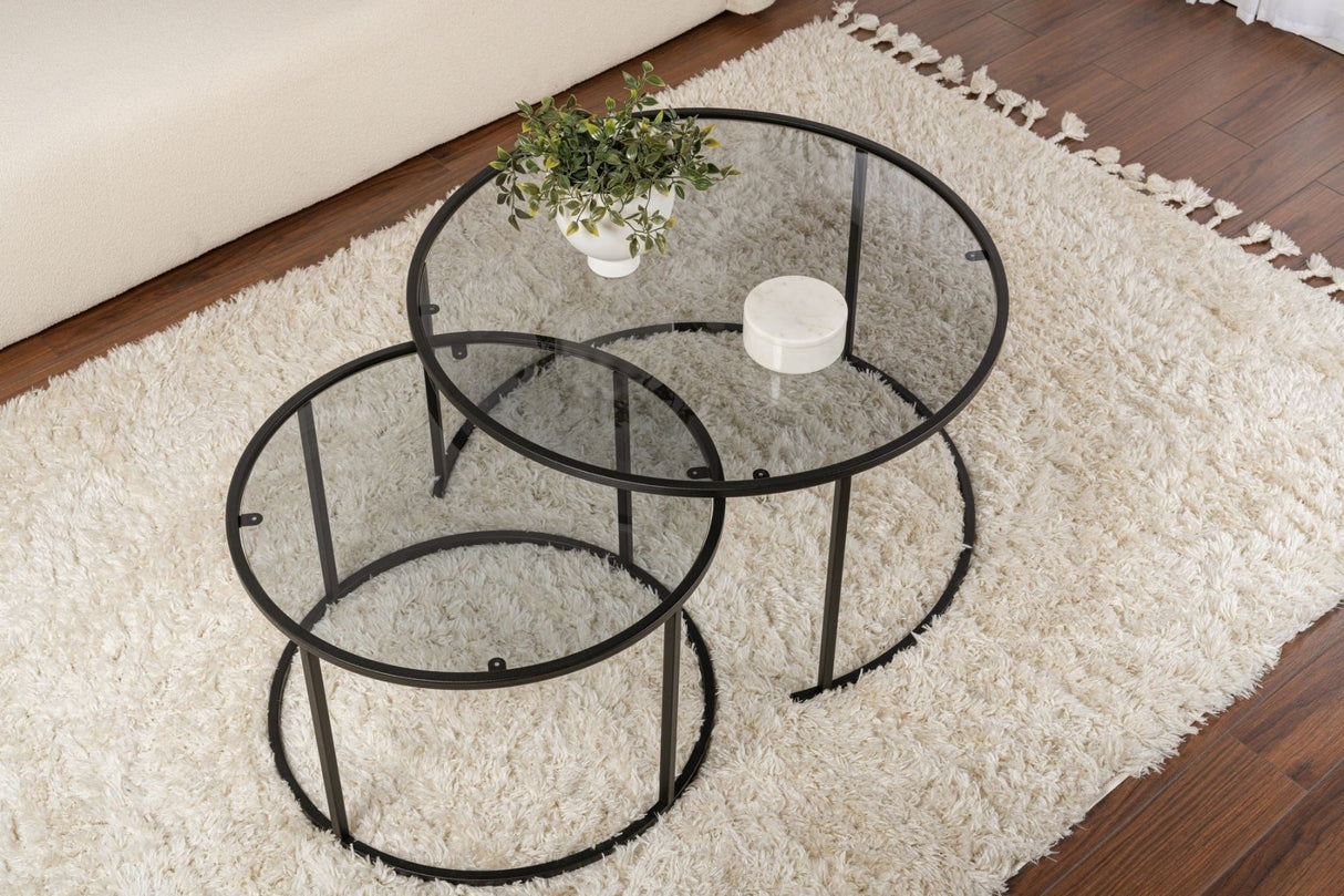 Moderne Ronde Salontafel Set van 2 Uru Zwart - Grijs Glas - 80/60 cm