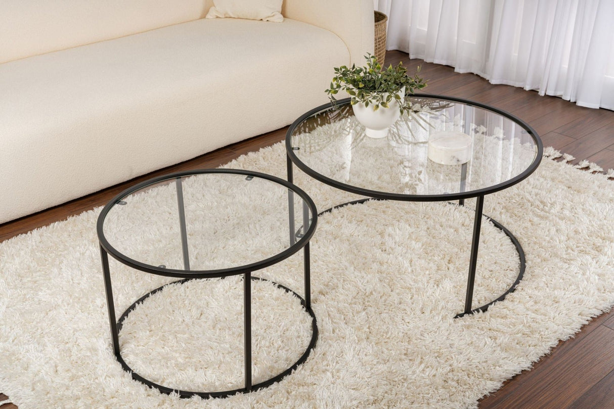 Moderne Ronde Salontafel Set van 2 Uru Zwart - Transparant Glas - 80/60 cm