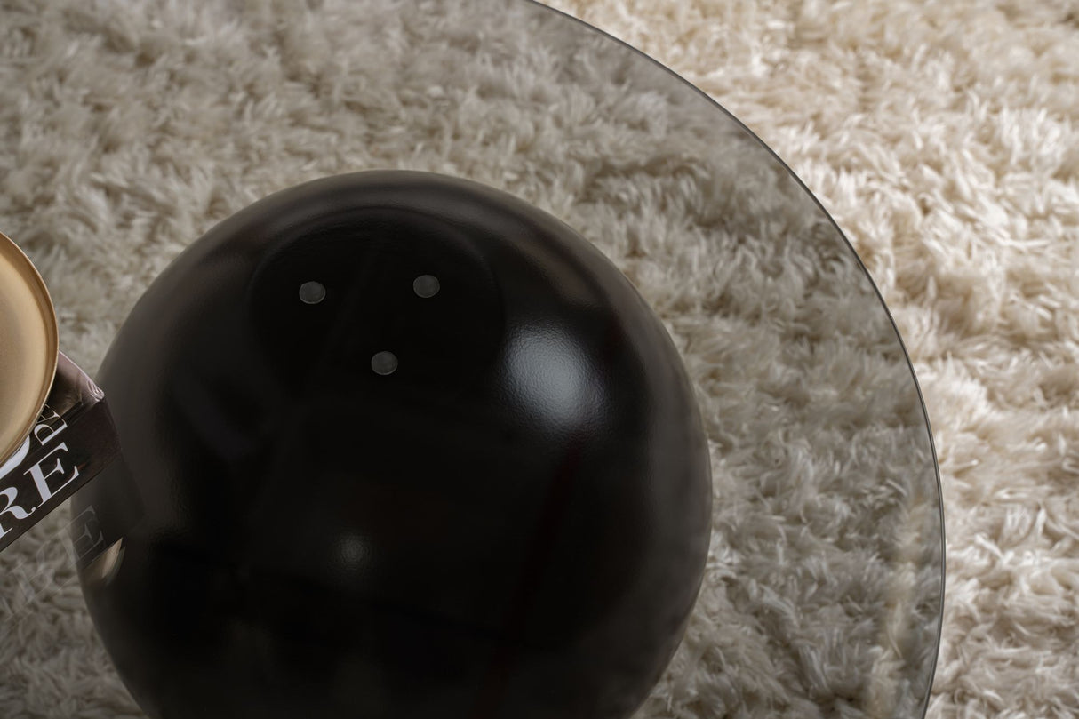 Organische salontafel grijs getint glas zwarte bolpoten Sphere 120x70 cm