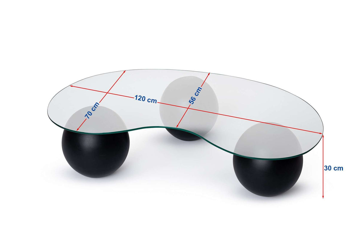 Organische salontafel grijs getint glas zwarte bolpoten Sphere 120x70 cm