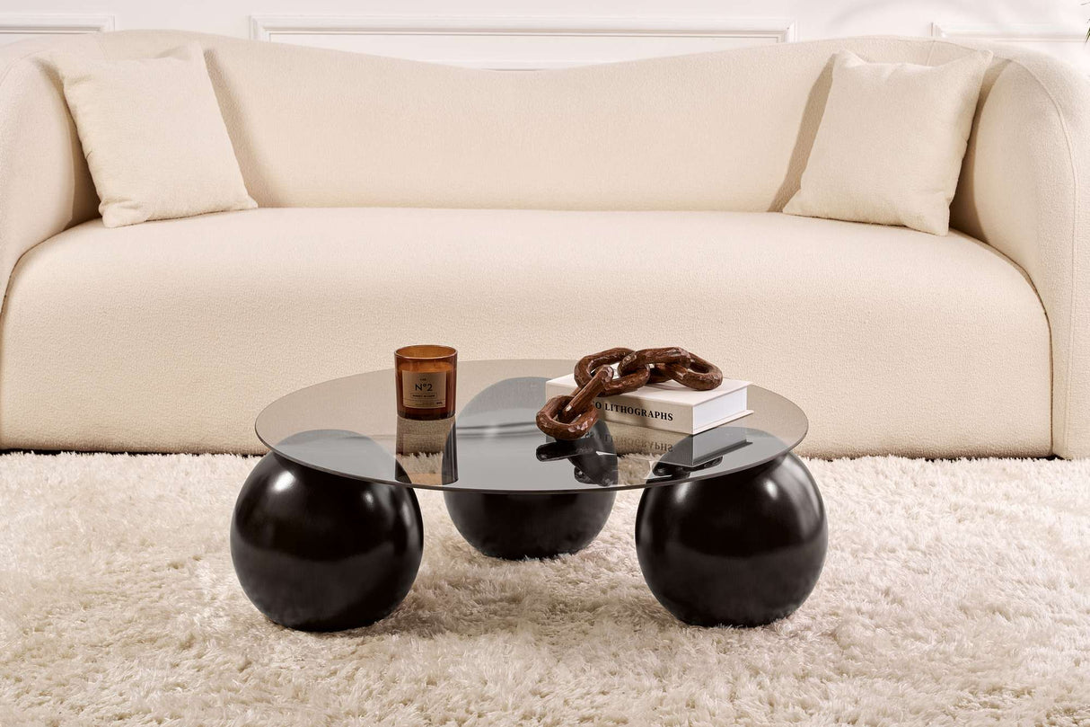 Ronde salontafel grijs getint glas zwarte bolpoten Miro 85x85 cm