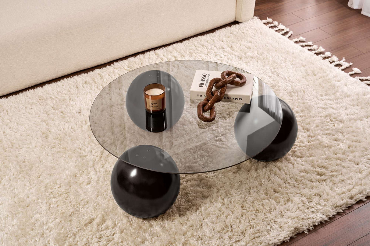 Ronde salontafel grijs getint glas zwarte bolpoten Miro 85x85 cm