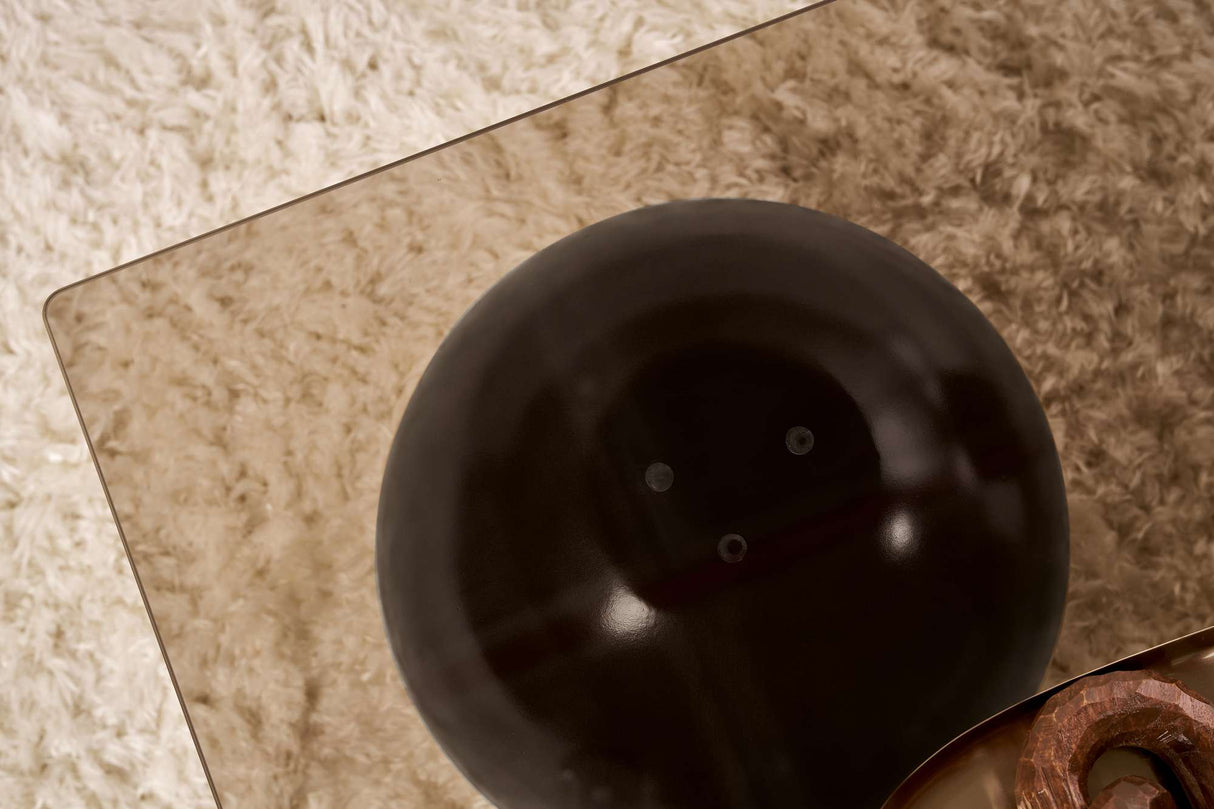 Rechthoekige salontafel brons getint glas zwarte bolpoten Sera 110x75 cm