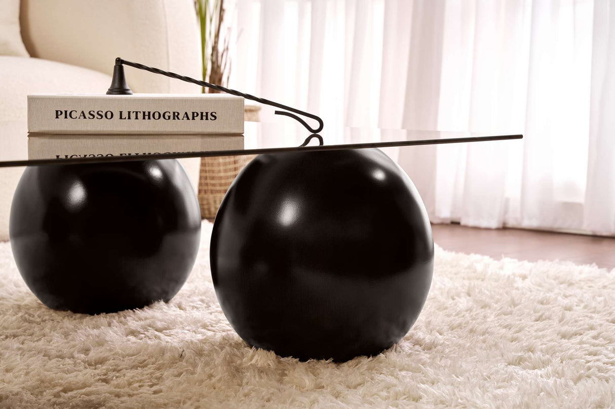 Rechthoekige salontafel grijs getint glas zwarte bolpoten Sera 110x75 cm