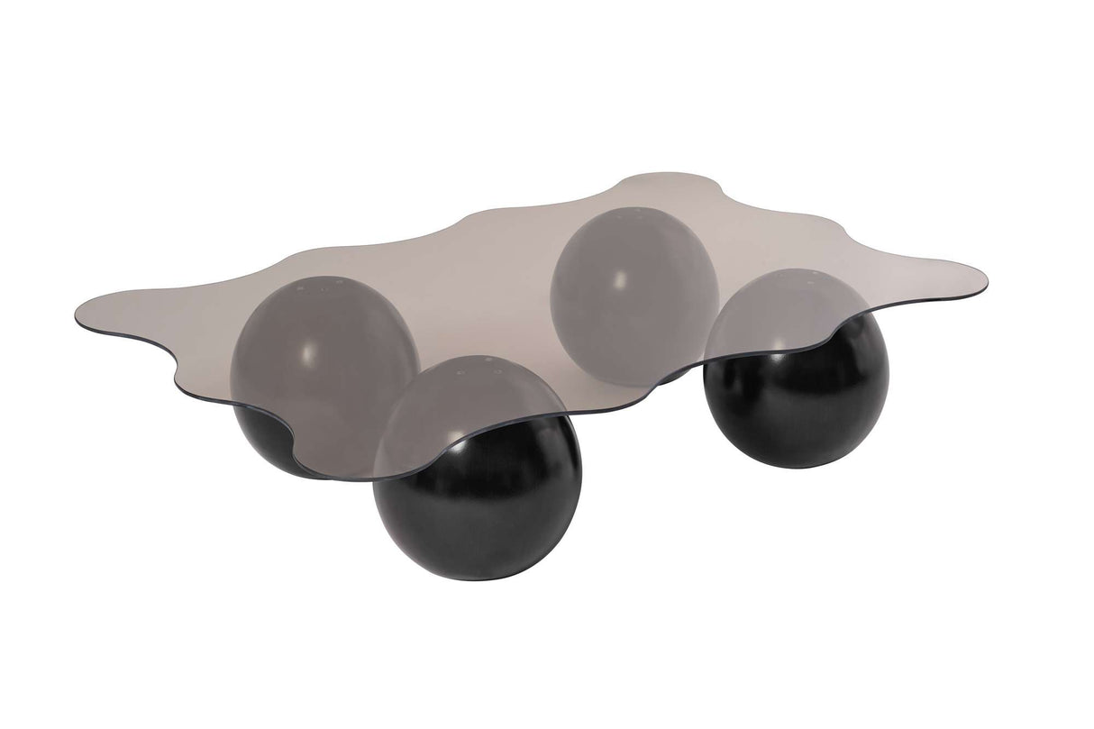 Golvende salontafel brons getint glas zwarte bolpoten Noxa 120x80 cm