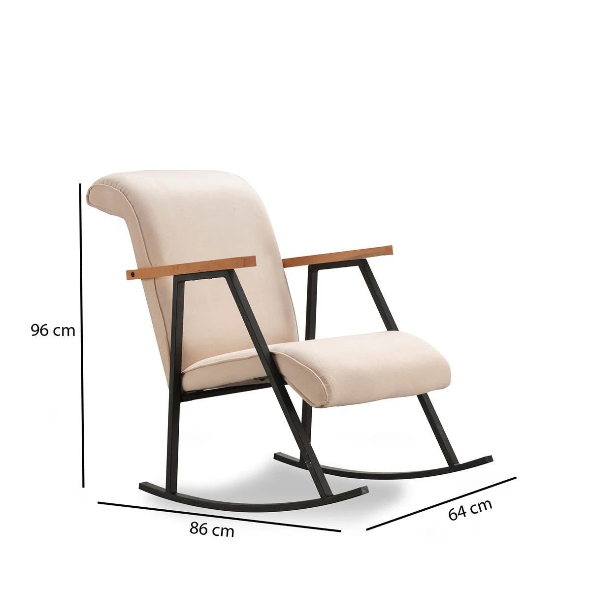 Retro schommelstoel beige velvet met beukenhout armleuning Yoka