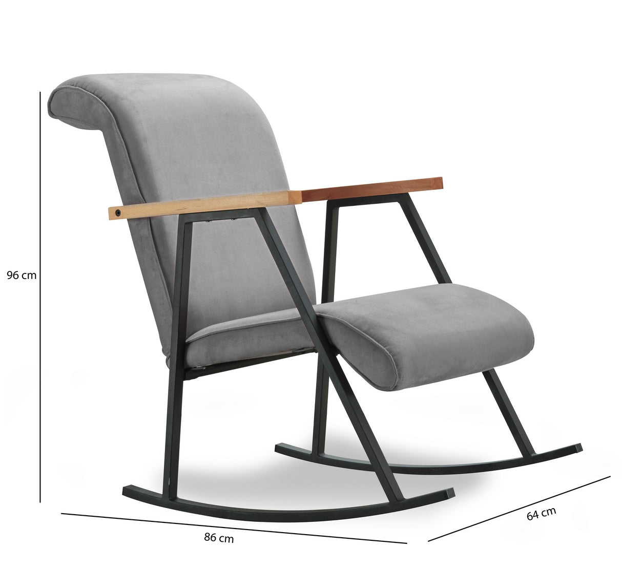 Retro schommelstoel grijs velvet met beukenhout armleuning Yoka