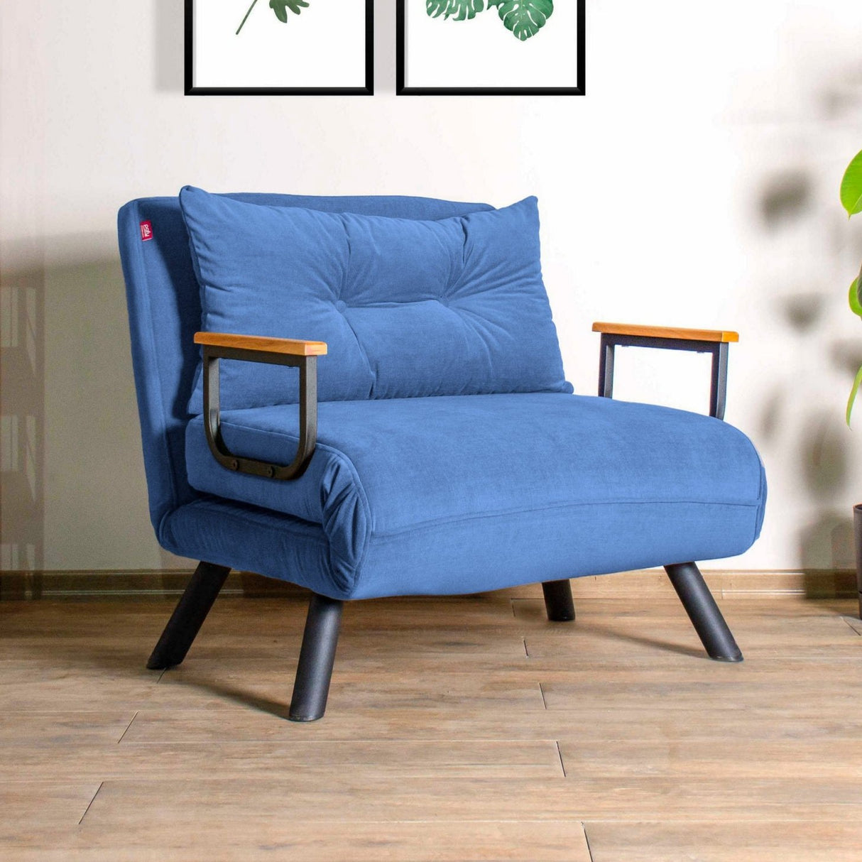 Landelijke slaapfauteuil Blauw stof linnen look Sando