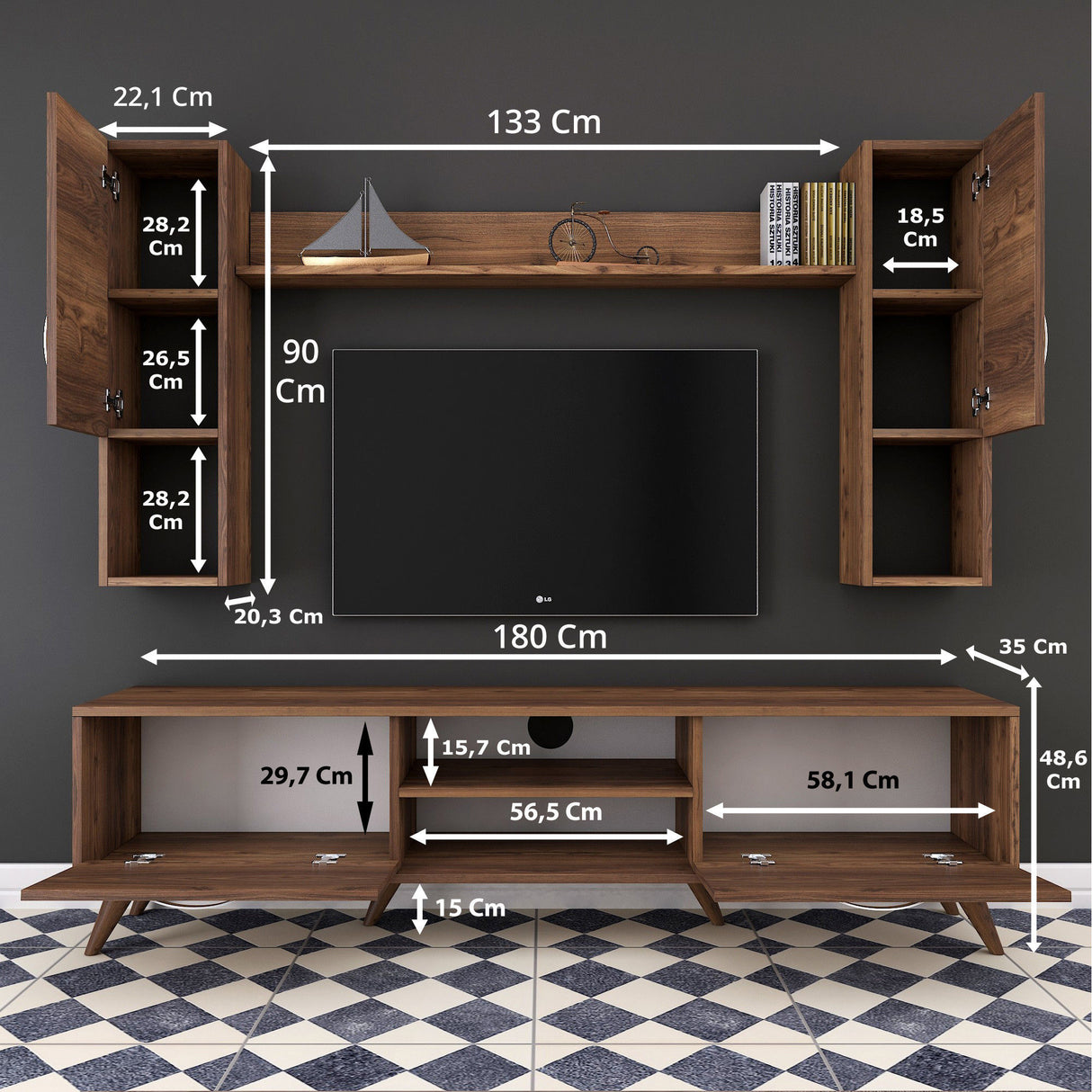 TV Meubels - TV Meubel Set Alta Walnoot Melamine 180x48,6x35 cm - Dimehouse