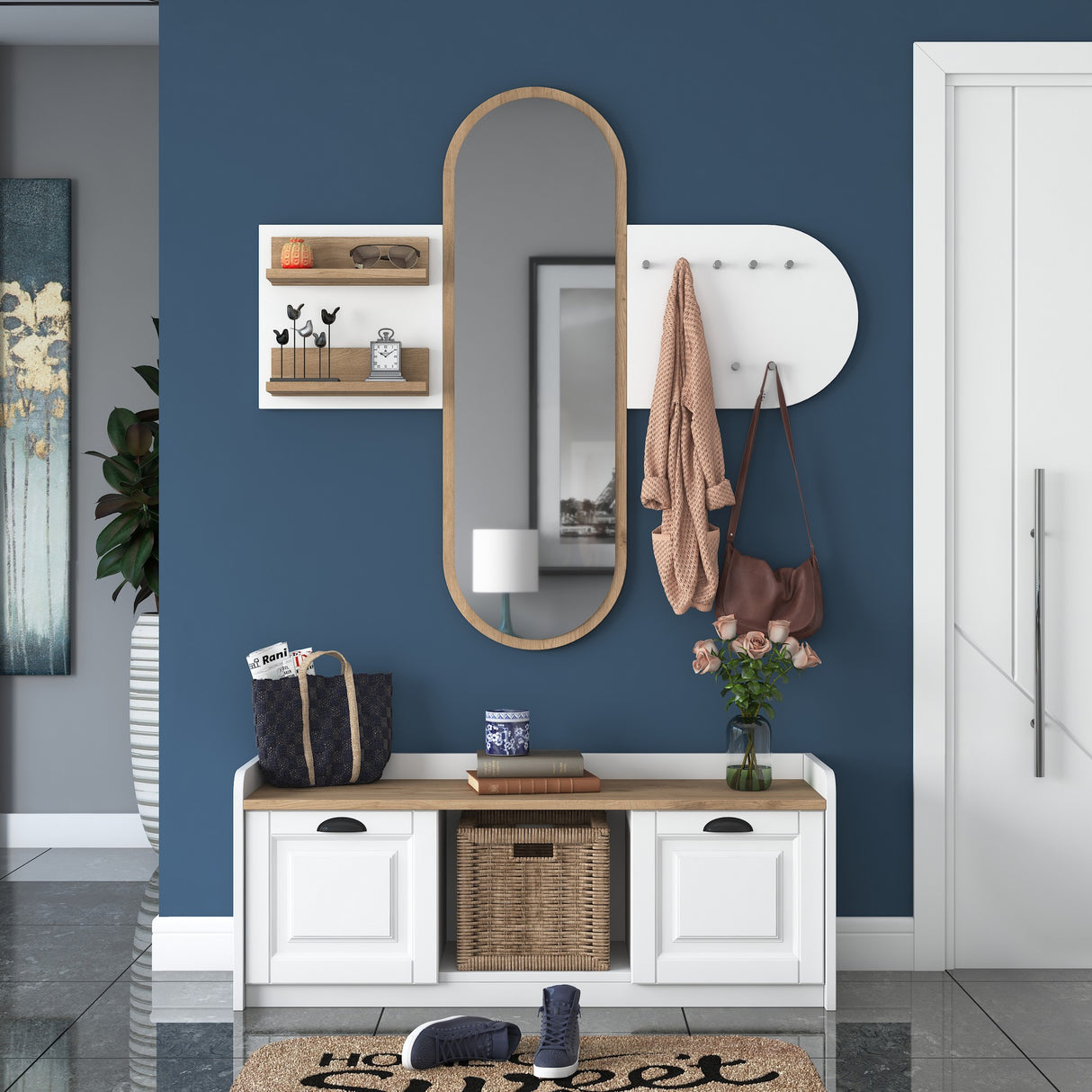 Meubelset Kapstok - Spiegel - Schoenenkast - Wit-Walnoot Melamine