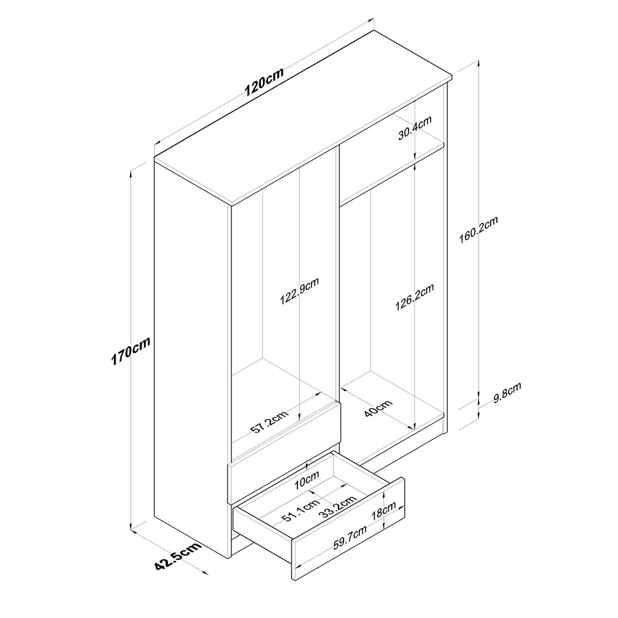 Kledingkast Aspen Walnoot Wit Melamine 120x170x42,5 cm
