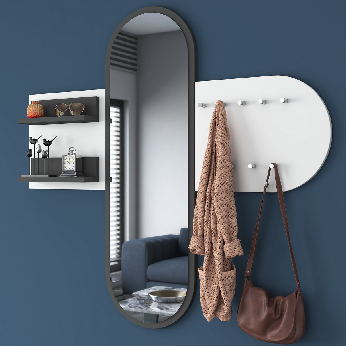 Kapstok Wit Melamine 9-Haaks - Met Spiegel - Twee Plankjes