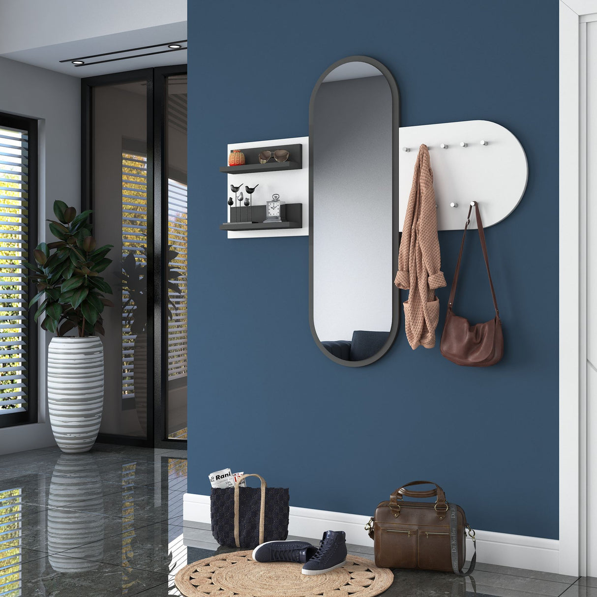 Kapstok Wit Melamine 9-Haaks - Met Spiegel - Twee Plankjes