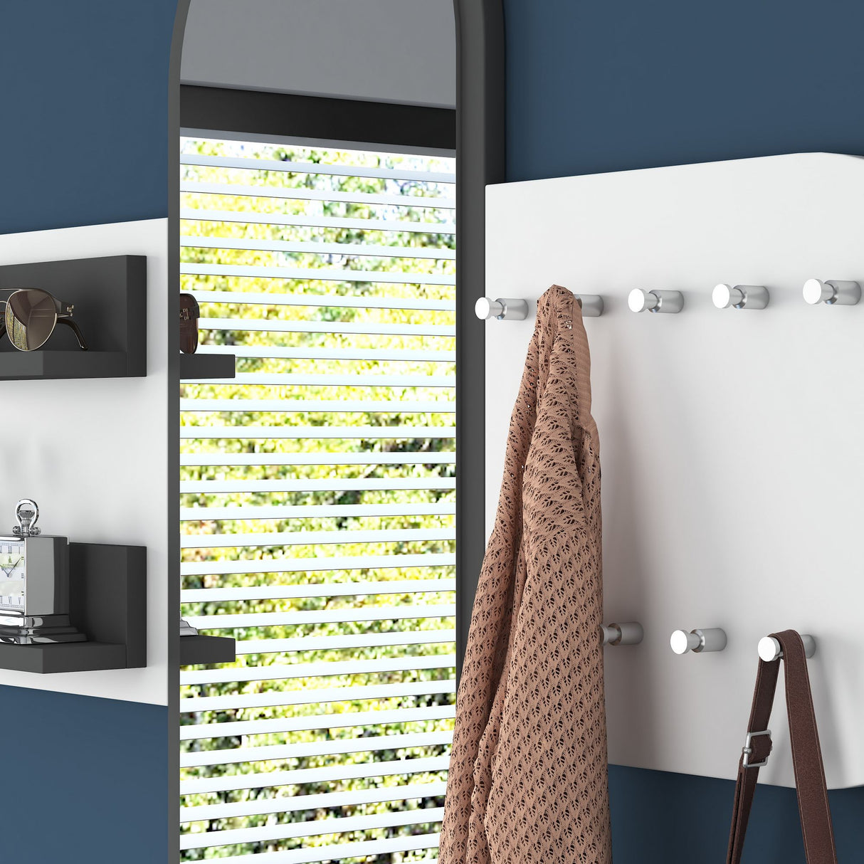 Kapstok Wit Melamine 9-Haaks - Met Spiegel - Twee Plankjes