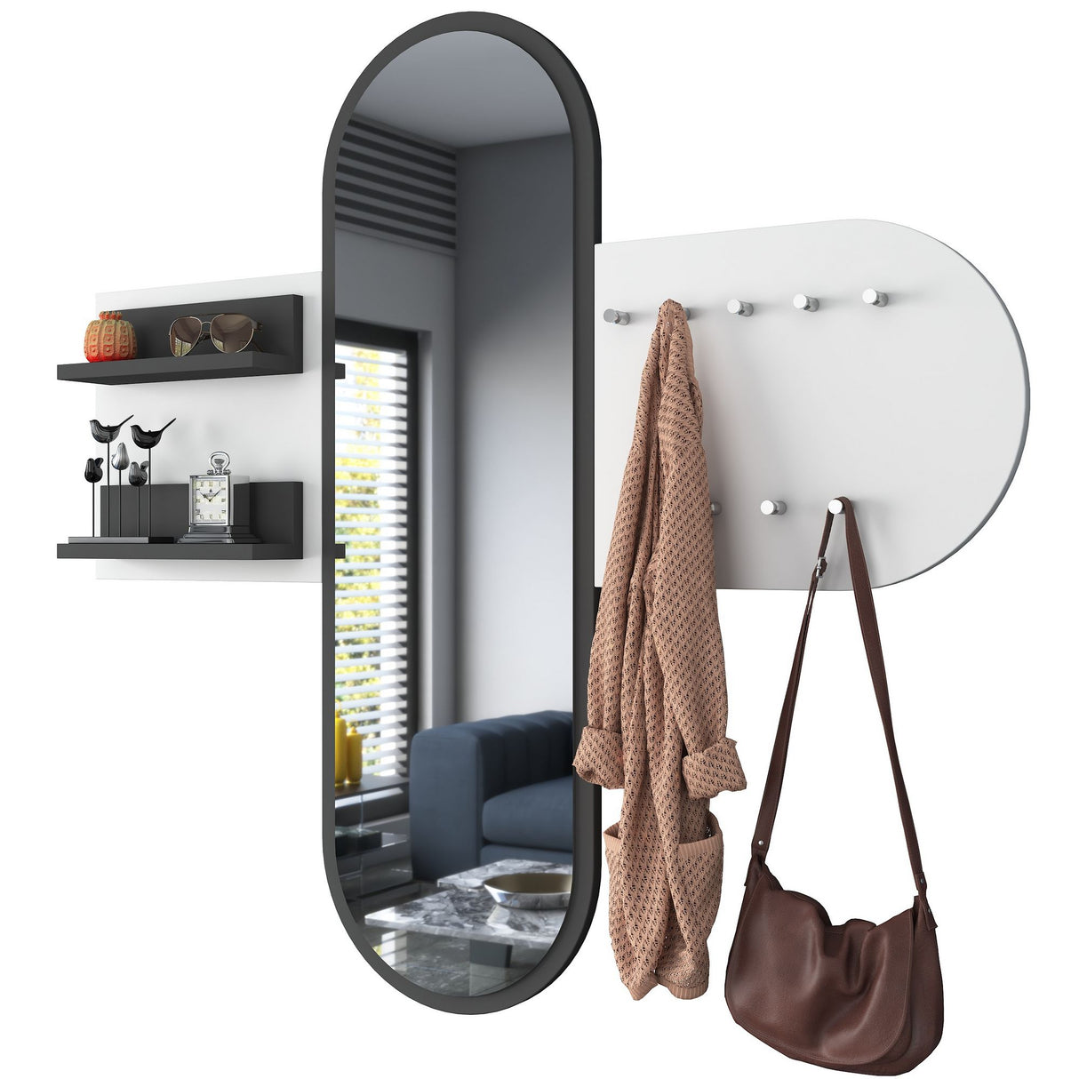 Kapstok Wit Melamine 9-Haaks - Met Spiegel - Twee Plankjes