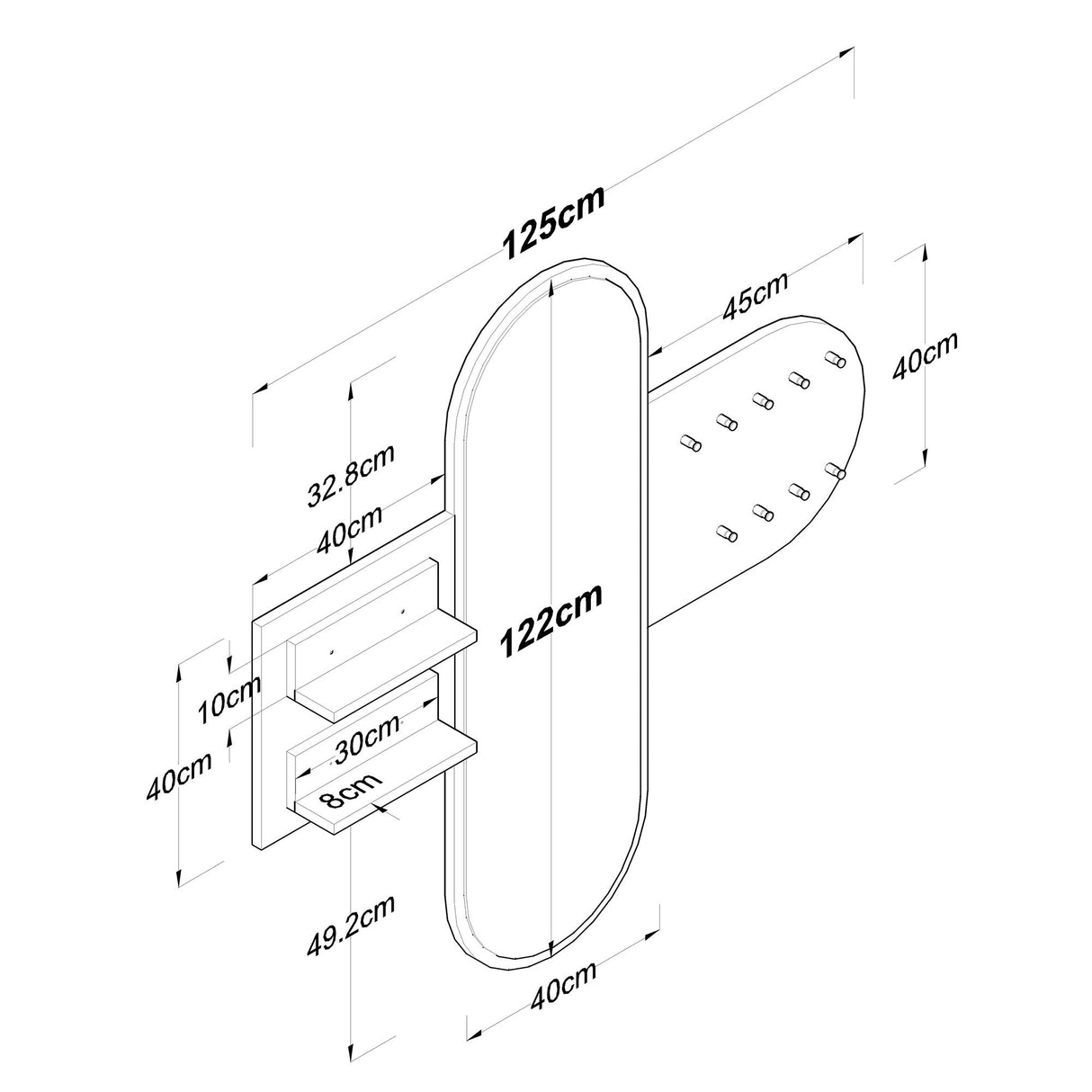 Kapstok Wit Melamine 9-Haaks - Met Spiegel - Twee Plankjes - Hally