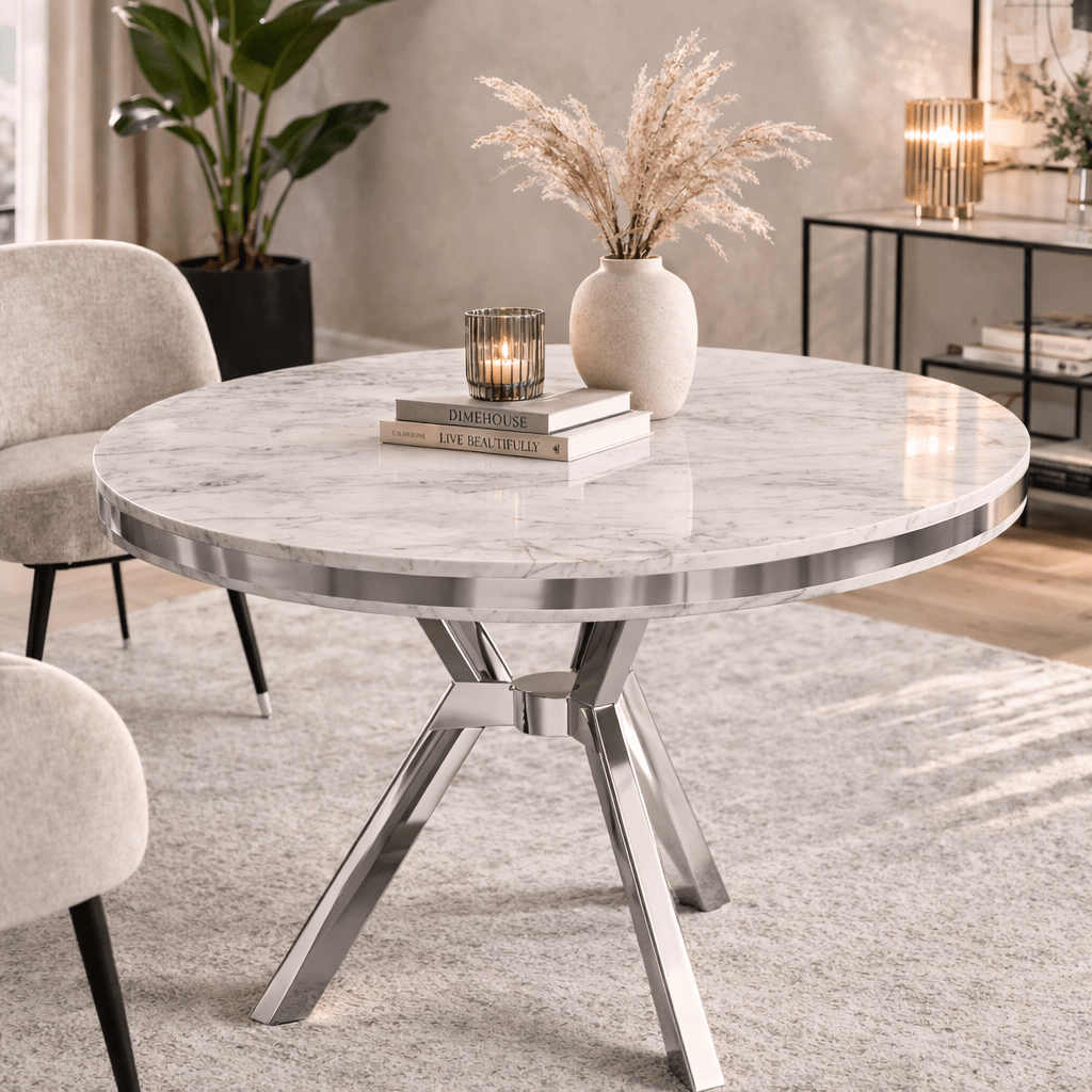 Eettafel wit rond marmerlook met chroom - 90 cm doorsnee - Mos