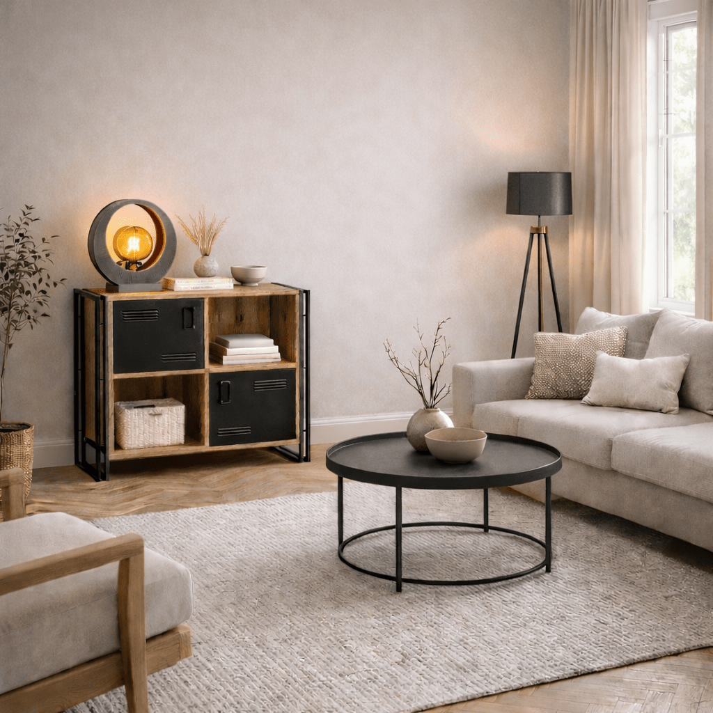 Industrieel dressoir dennenhout melamine zwart metaal Cosmo 89x89x35 cm