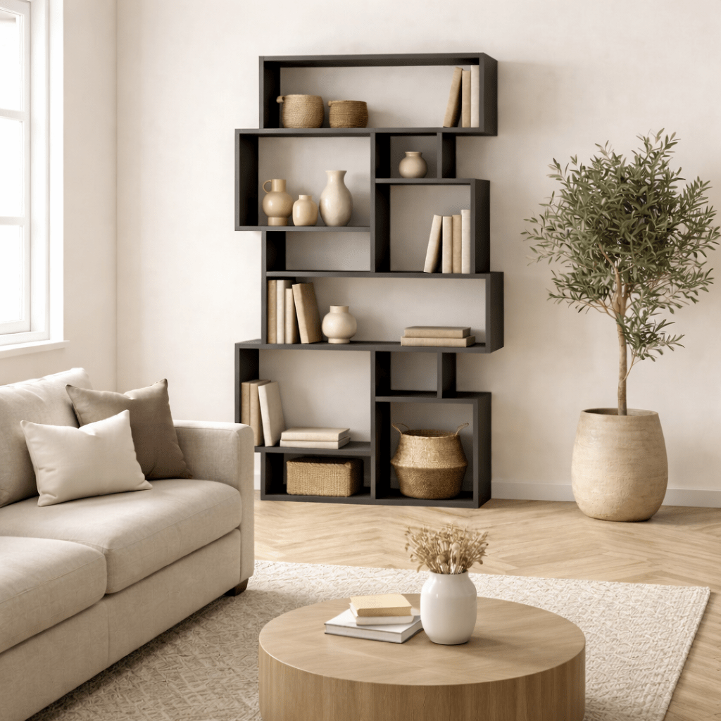 Boekenkasten - Asymmetrische boekenkast antraciet melamine Karmato 96x168,5x25,5 cm - Dimehouse