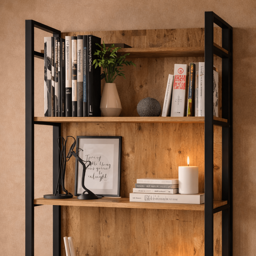 Industriële boekenkast met planken en gesloten opbergvak dennenhout melamine Lyra 90x180x34 cm