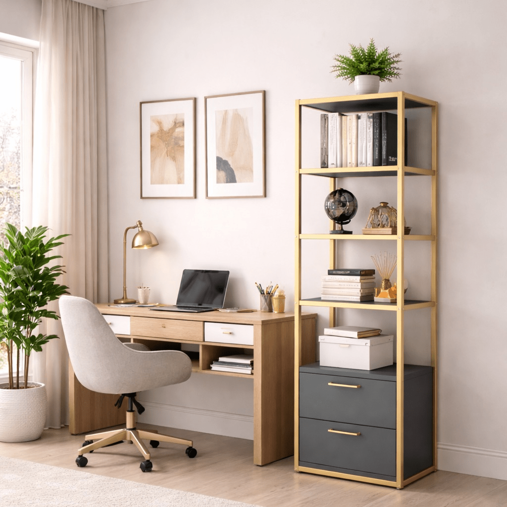 Boekenkasten - Boekenkast Robbins Gold Goud Antraciet Melamine 39x160x39 cm - Dimehouse