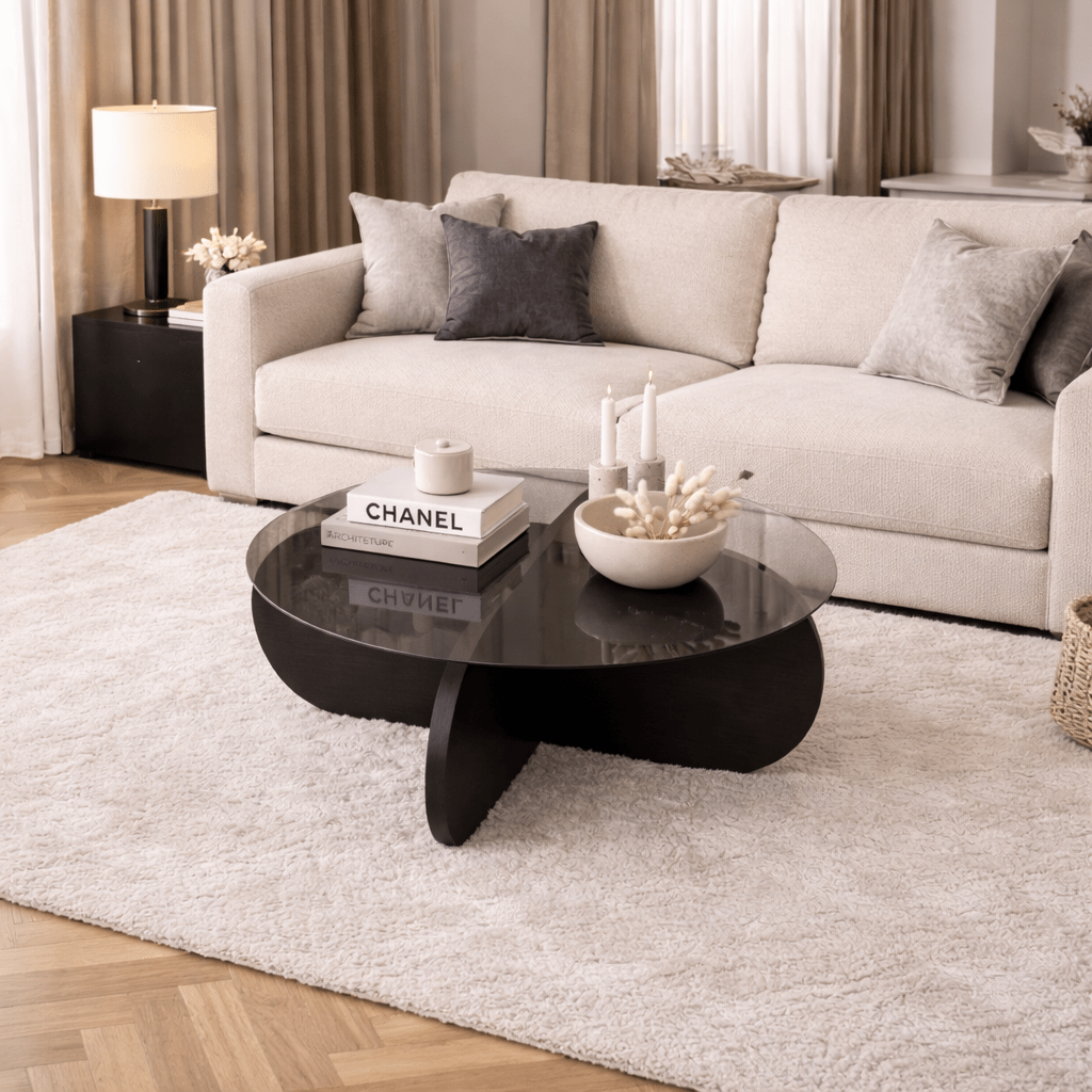 Salontafels - Ronde salontafel Aris zwart melamine en rookglas 75 cm - Dimehouse