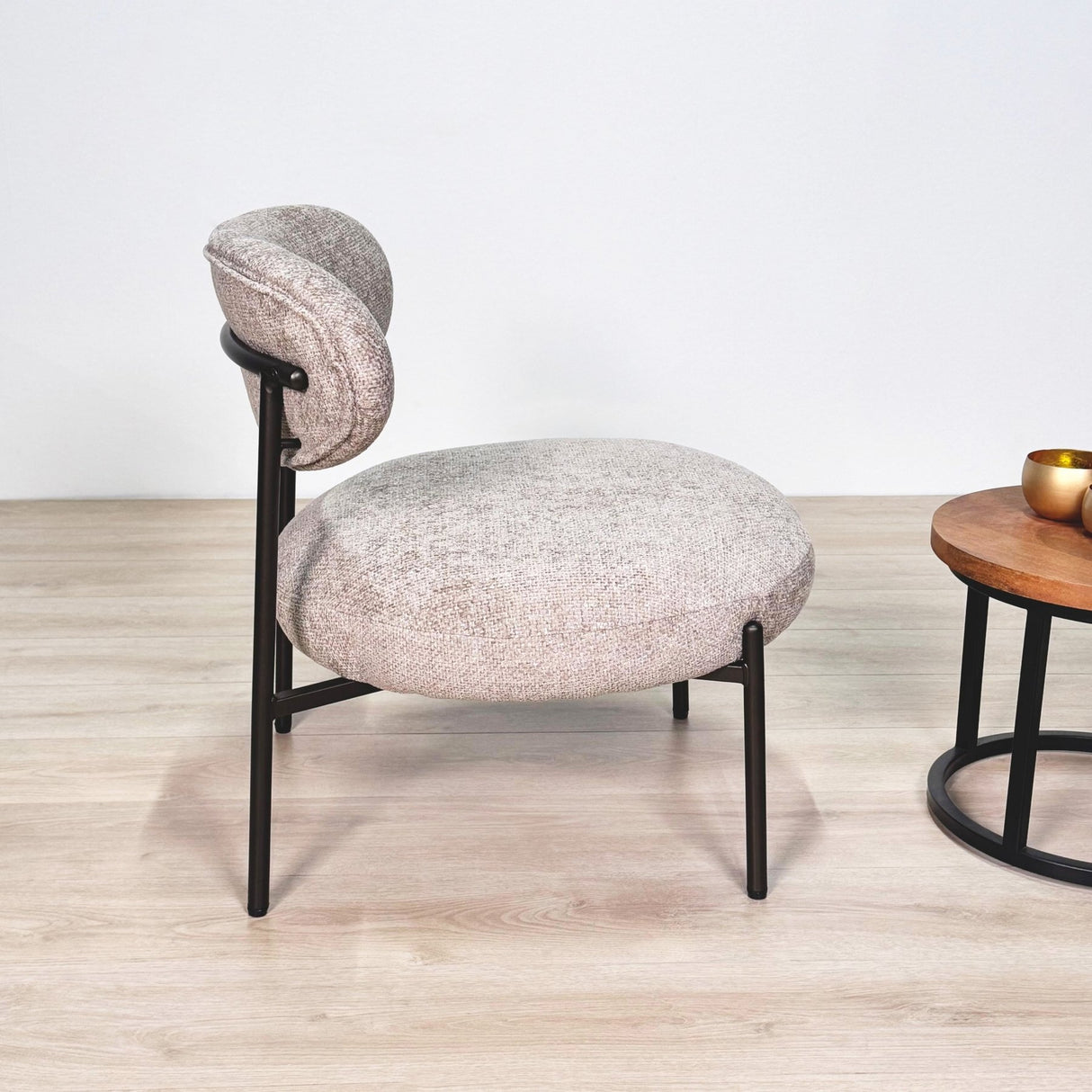 Ronde Scandinavische fauteuil beige gemêleerde stof Nova