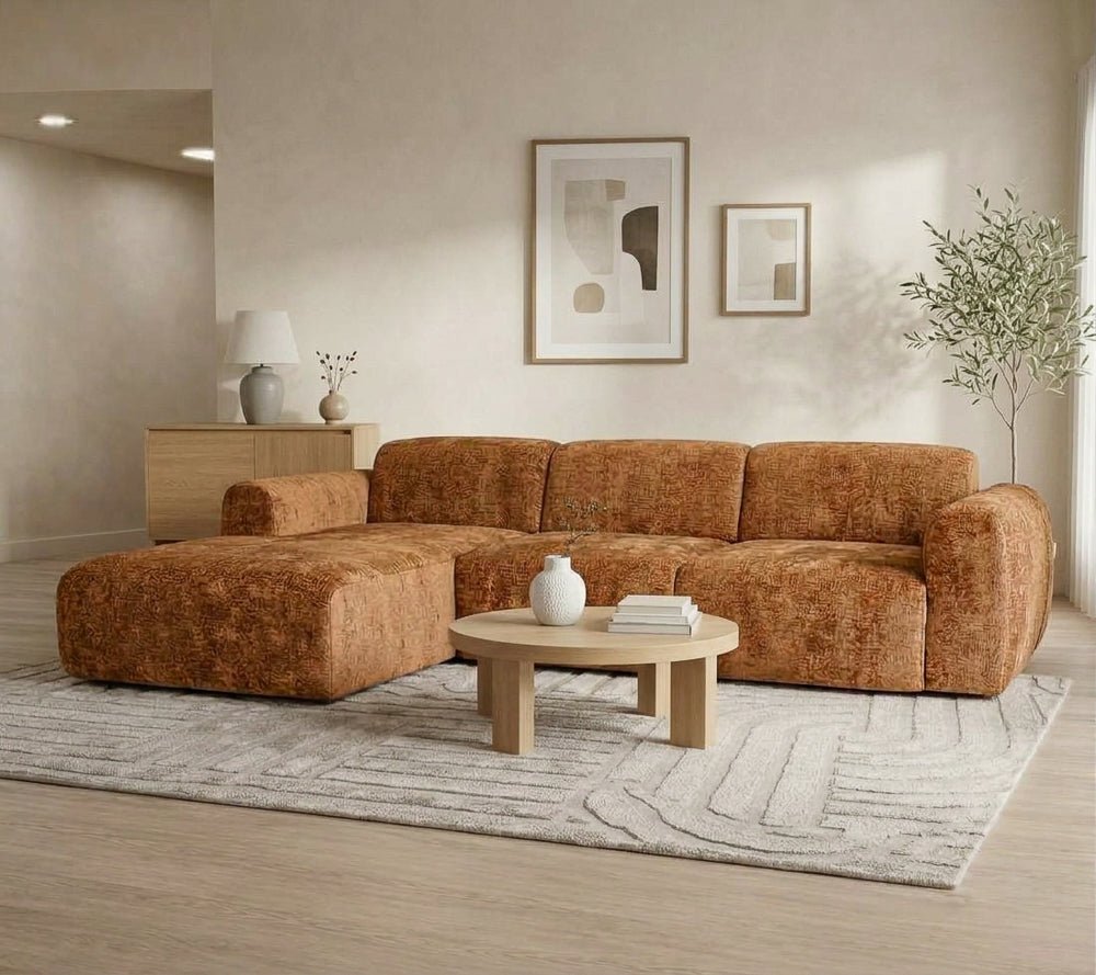 Banken-Hoekbank oker chenille stof - 292x170 cm - Shane - links-Dimehouse