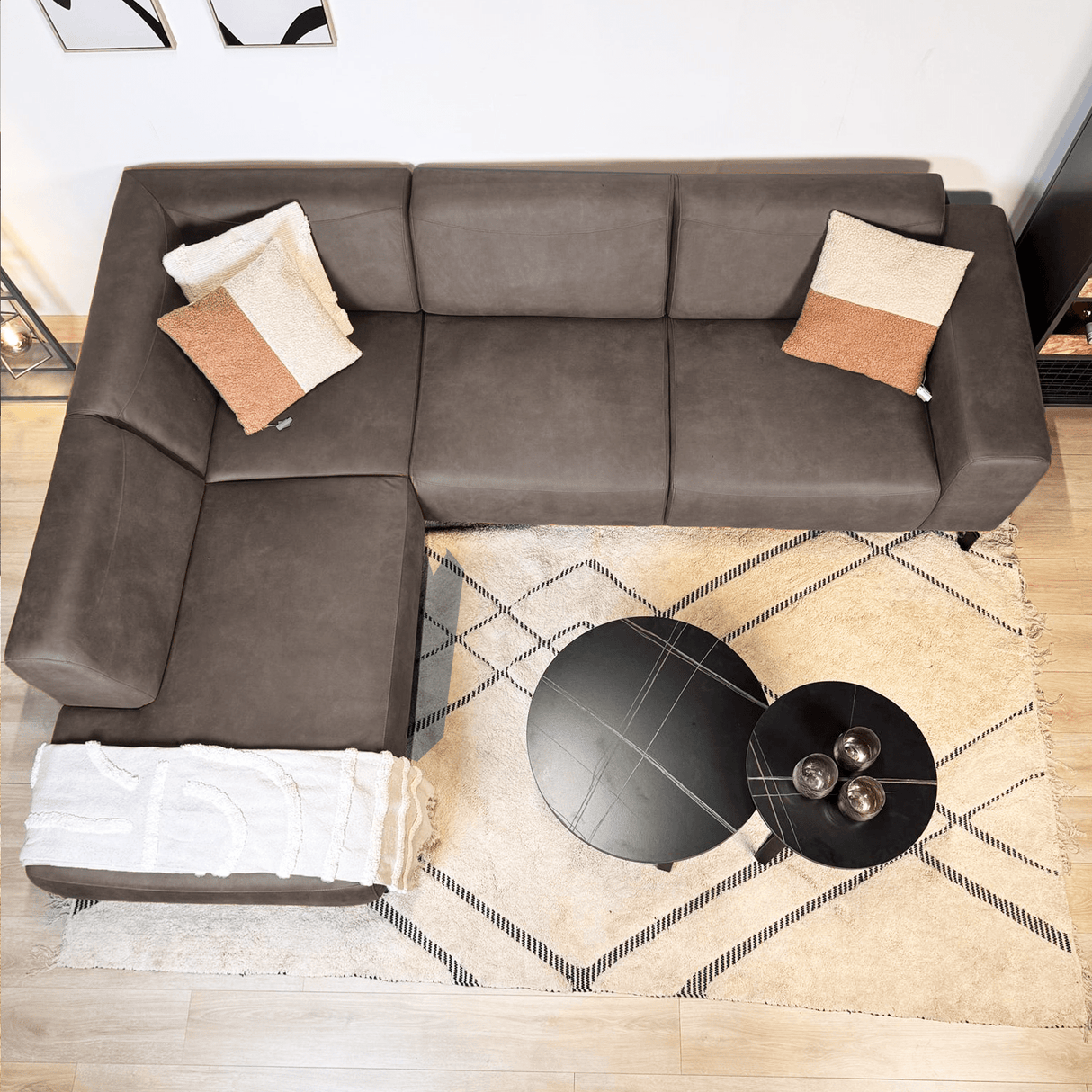 Industriële Hoekbank antraciet robuust eco-leer Barin - links