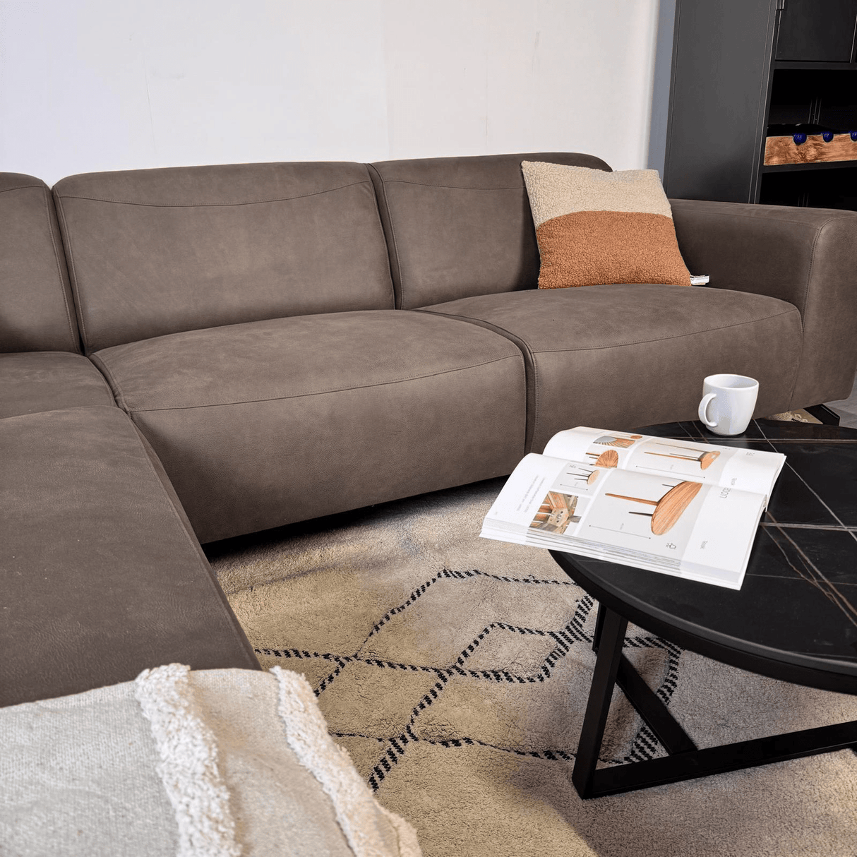 Industriële Hoekbank antraciet robuust eco-leer Barin - links