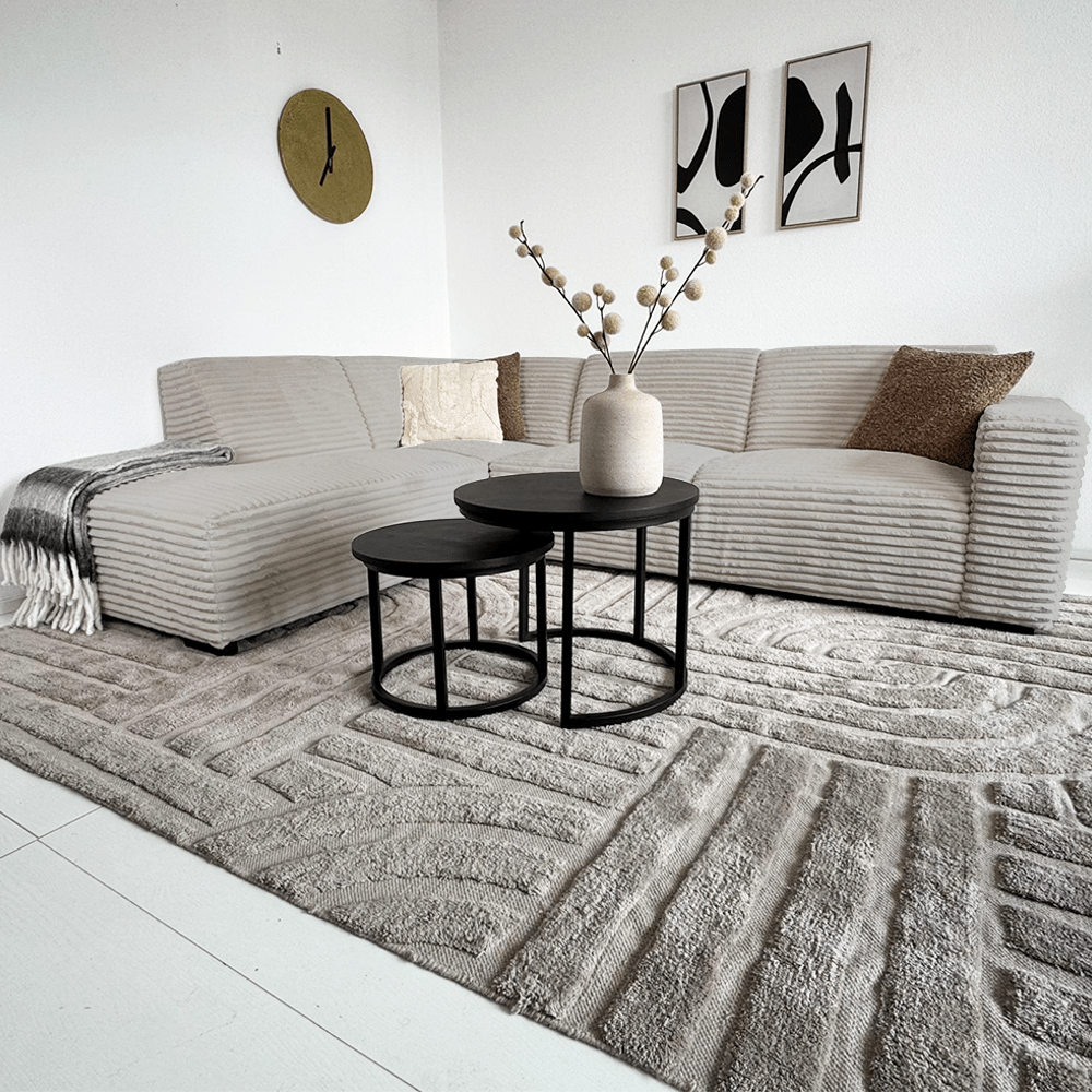 Hoekbank beige super zachte ribstof Gavi - links