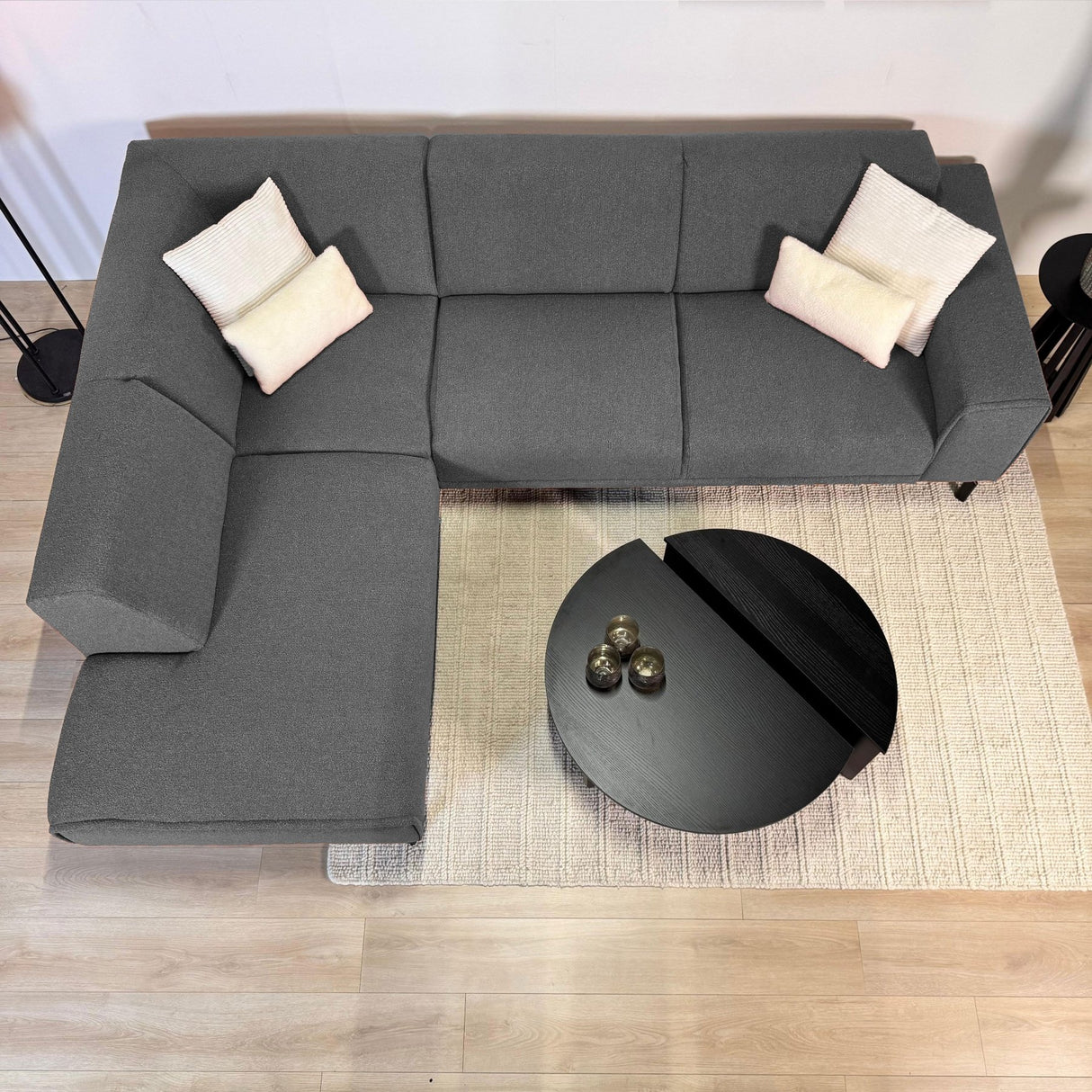 Hoekbank grijs bouclé stof Maël - links