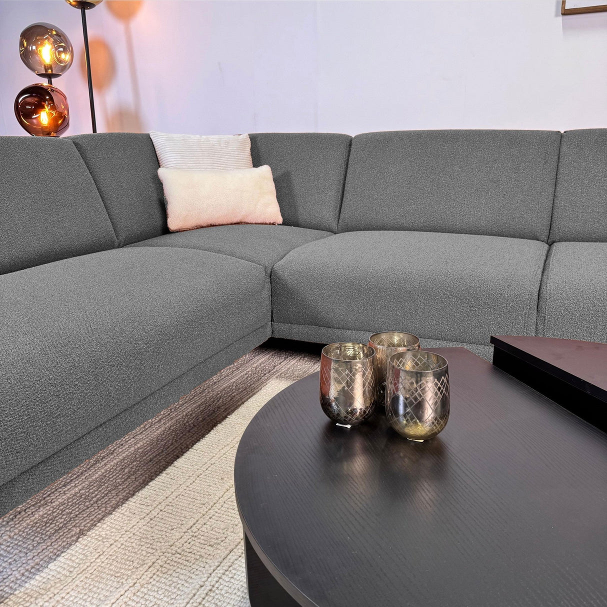 Hoekbank grijs bouclé stof Maël - links