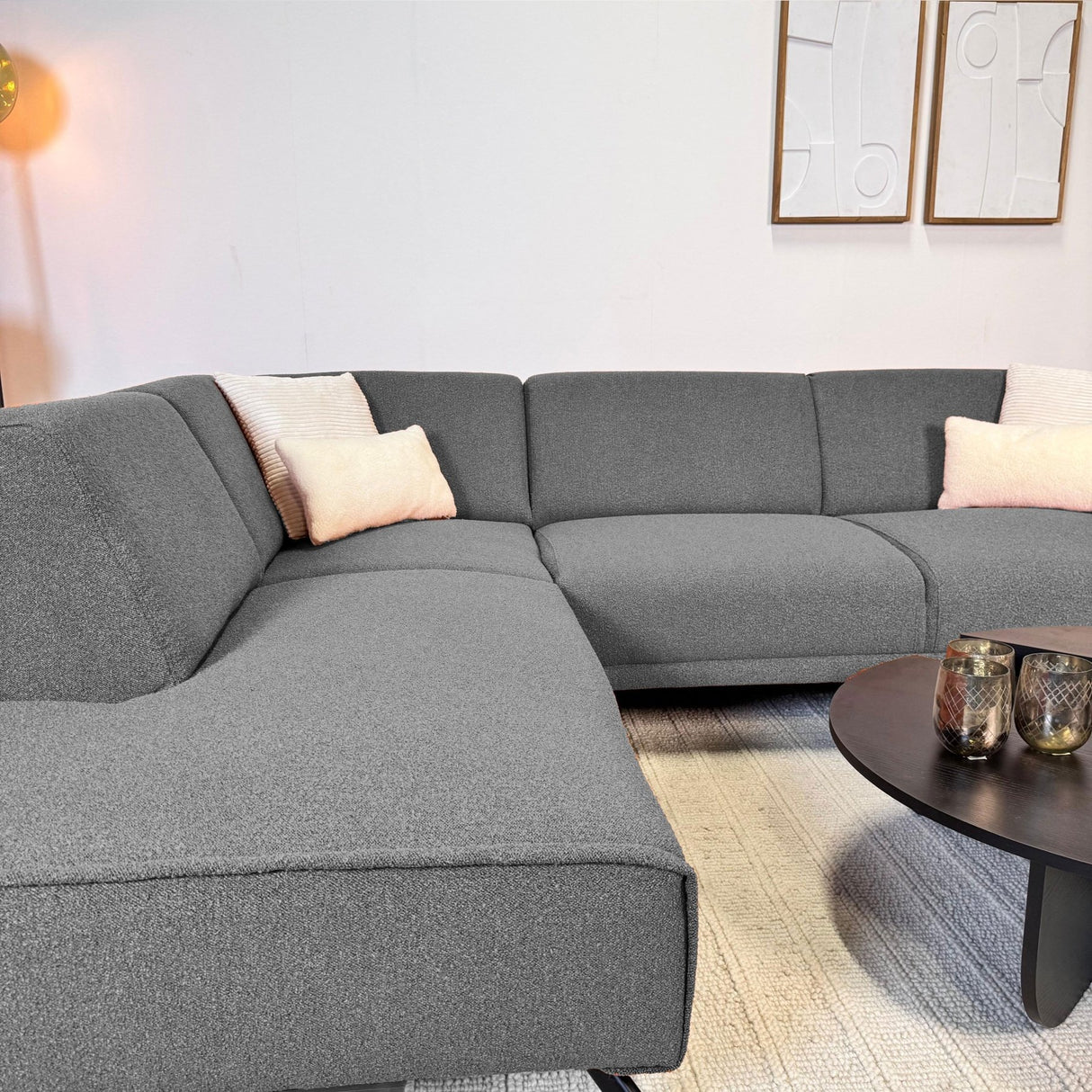 Hoekbank grijs bouclé stof Maël - links