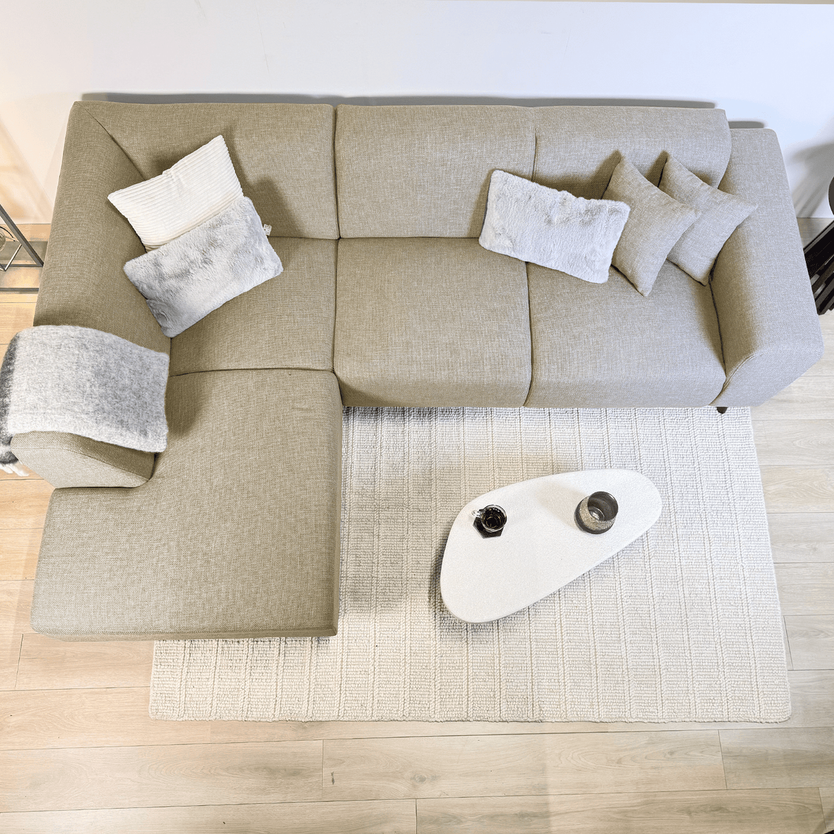 Hoekbank met compacte lounge beige gerecyclede stof Moby - links