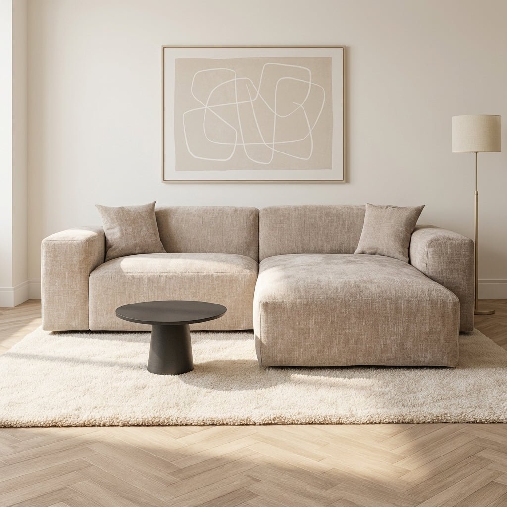 Hoekbank Wayne Chenille Taupe 260cm - Links & Rechts Monteerbaar sfeerfoto in modern interieur